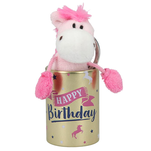 Plyšový koník v plechové krabičce Miss melody ASST Růžový koník, se vzkazem Všechno nejlepší k narozeninám