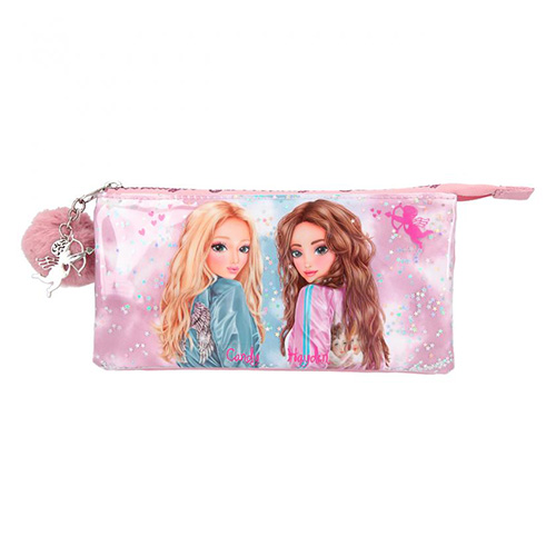 Penál taštička Top Model Candy a Hayden, růžová, s chlupatou kuličkou